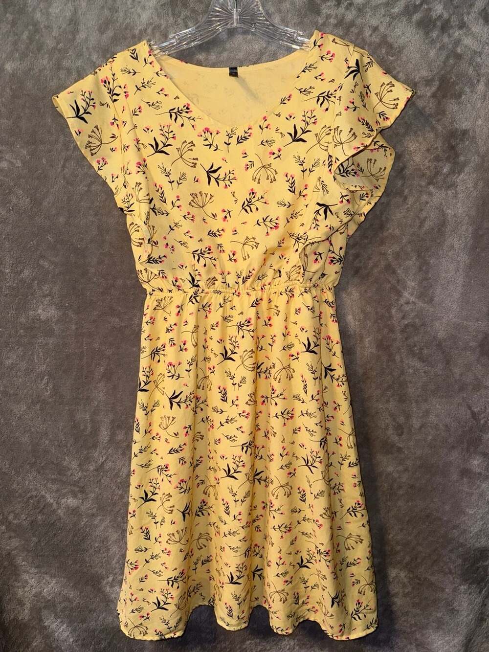 Easybuy Yellow Floral Ruffle Sleeve Fit and Flare Dress